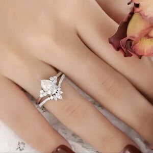 VVS1 D Color PEAR & MARQUIS MOISSANITE DIAMOND BRIDAL RING SET * NEW SIZE 5US
